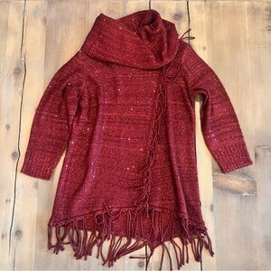 Reba Deep Red Cowl Neck Sweater with Fringe